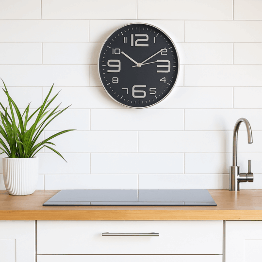 Relógio de Parede - Preto - Design Simples e Minimalista, Fundo Preto com Números e Rebordo em Prateado, Destaque para os Números 3, 6, 9 e 12, Ideal para Sala, Escritório ou Cozinha, Funciona a Pilha (1x AA não incluída), Dimensões Compactas, Ótima Prenda Decorativa