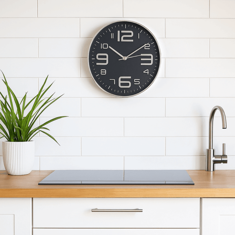 Relógio de Parede - Preto - Design Simples e Minimalista, Fundo Preto com Números e Rebordo em Prateado, Destaque para os Números 3, 6, 9 e 12, Ideal para Sala, Escritório ou Cozinha, Funciona a Pilha (1x AA não incluída), Dimensões Compactas, Ótima Prenda Decorativa