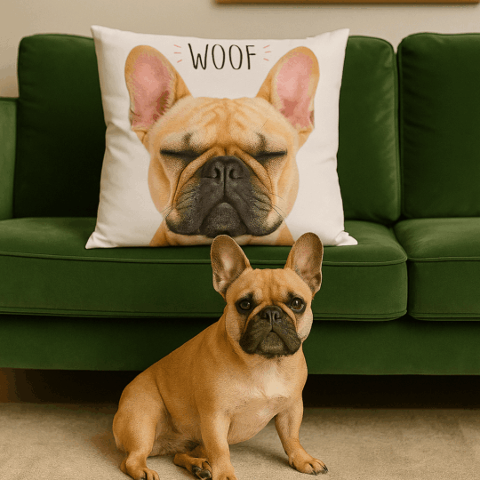 Almofada Woof Bulldog Francês - 50x50 cm, Material Poliéster, Design Adorável de Bulldog, Perfeita para Sala ou Quarto, Confortável e Decorativa, Ideal para Amantes de Cães, Ótima Opção de Presente, Durável e Fácil de Limpar, Produto de Qualidade