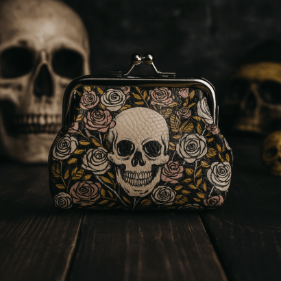 Porta-Moedas Caveira Grande & Rosas - Design Gótico, 8x9cm, Fecho de Metal, Ideal para Estilo Alternativo, Acessório de Moda com Padrão Ousado e Vibrante