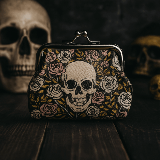Porta-Moedas Caveira Grande & Rosas - Design Gótico, 8x9cm, Fecho de Metal, Ideal para Estilo Alternativo, Acessório de Moda com Padrão Ousado e Vibrante