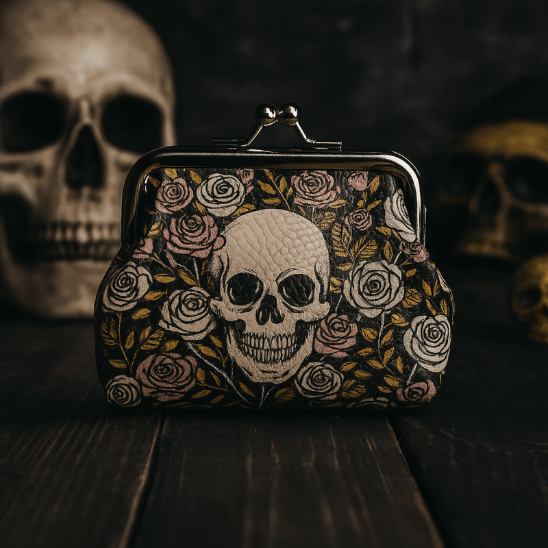Porta-Moedas Caveira Grande & Rosas - Design Gótico, 8x9cm, Fecho de Metal, Ideal para Estilo Alternativo, Acessório de Moda com Padrão Ousado e Vibrante