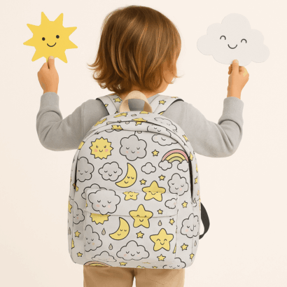Mochila Divertida Tempo - 31x27x10 cm, Material Poliéster/Algodão, Design com Elementos da Meteorologia, Prática e Durável, Ideal para Escola, Passeios ou Viagens, Perfeita para Crianças, Ótima Prenda