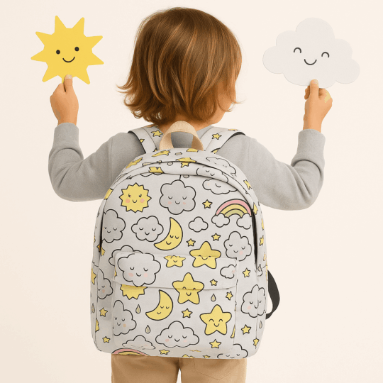 Mochila Divertida Tempo - 31x27x10 cm, Material Poliéster/Algodão, Design com Elementos da Meteorologia, Prática e Durável, Ideal para Escola, Passeios ou Viagens, Perfeita para Crianças, Ótima Prenda