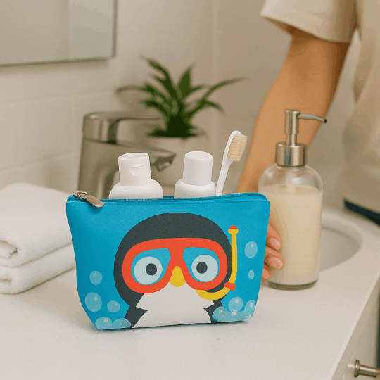 Bolsa de Higiene Pinguim - 23.5x15x6 cm, Material: PVC/Poliéster, Fecho de Metal, Versátil e Funcional, Ideal para Viagens e Uso Diário, Design Adorável de Pinguim, Ótima Prenda
