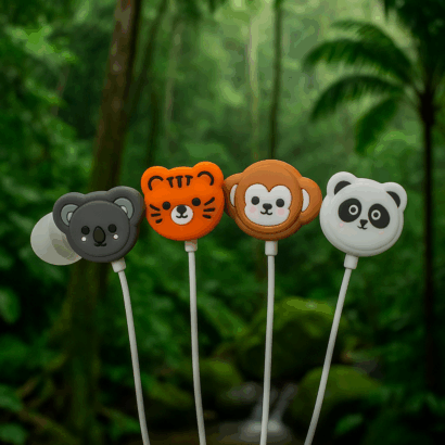 Auriculares Animais da Selva 4 em 1 - 3.5mm Jack - Design Divertido com Capas Intercambiáveis (Panda, Tigre, Macaco e Coala), Inclui 2 Unidades de Cada Capa, Comprimento do Cabo: 110 cm, Ideal para Crianças, Idade Recomendada: +3 anos, Ótima Prenda para Crianças