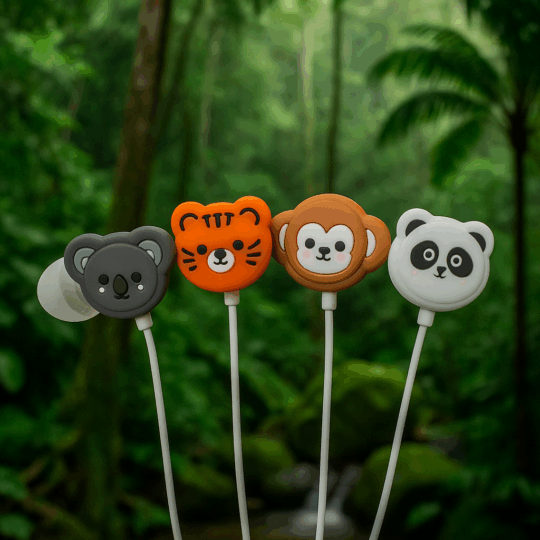 Auriculares Animais da Selva 4 em 1 - 3.5mm Jack - Design Divertido com Capas Intercambiáveis (Panda, Tigre, Macaco e Coala), Inclui 2 Unidades de Cada Capa, Comprimento do Cabo: 110 cm, Ideal para Crianças, Idade Recomendada: +3 anos, Ótima Prenda para Crianças