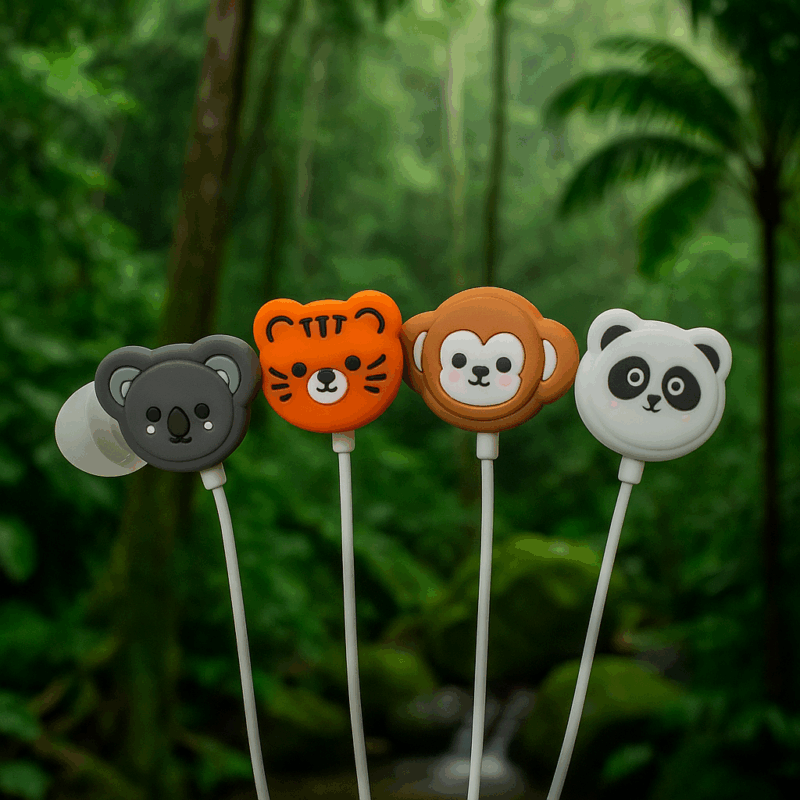 Auriculares Animais da Selva 4 em 1 - 3.5mm Jack - Design Divertido com Capas Intercambiáveis (Panda, Tigre, Macaco e Coala), Inclui 2 Unidades de Cada Capa, Comprimento do Cabo: 110 cm, Ideal para Crianças, Idade Recomendada: +3 anos, Ótima Prenda para Crianças