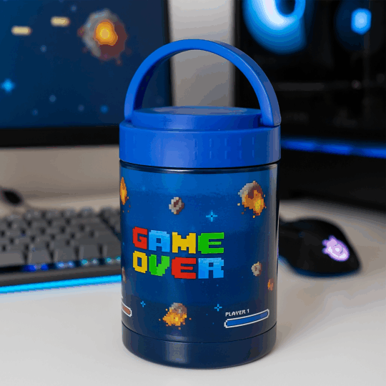 Marmita Reutilizável em Aço Inoxidável Game Over - 500ml, Design Térmico com Isolamento, Mantém Comida Quente por 6 Horas e Fria por 8 Horas, Pega para Transporte, Sem BPA, Dimensões: 14x9 cm, Ideal para Refeições Quentes e Frias, Ótima Prenda para Gamers