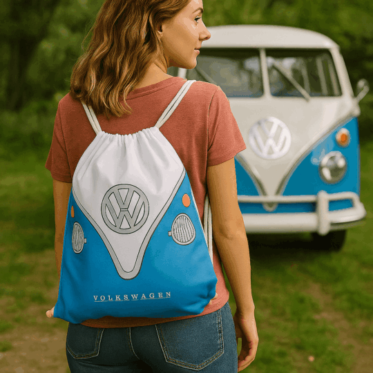 Bolsa com Cordão Volkswagen Pão de Forma Azul - 42x34x0.5 cm, Material Poliéster, Design Oficial VW, Perfeita para Transporte de Bens Pessoais, Passeios ou Dia-a-Dia, Ótima Prenda para Amantes de Volkswagen