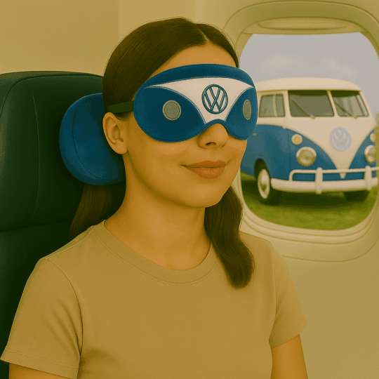 Almofada de Viagem e Máscara para Dormir Relax - VW Pão de Forma - Conjunto 2 em 1, Design Confortável e Prático, Ideal para Viagens de Avião, Autocarro ou Carro, Material 95% Poliéster e 5% Elastano, Artigo Oficial VW, Medidas: 16.5x13.5x10.5 cm (Aberto: 15x28x7 cm), Excelente Prenda para Amantes de Viagens