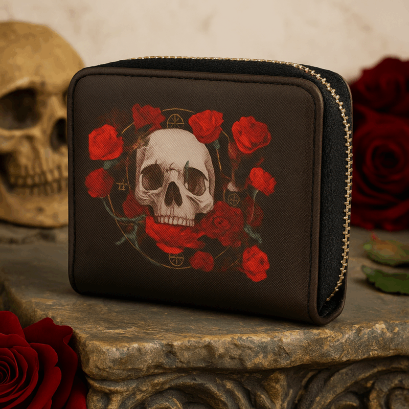 Carteira Pequena com Fecho Zip - Caveira Grande e Rosas - Design Gótico e Compacto, 11x9x2cm, Fecho de Metal, Ideal para Moedas, Notas e Cartões, Estilo Alternativo com Padrão Impactante, Material Durável em PVC e Poliéster