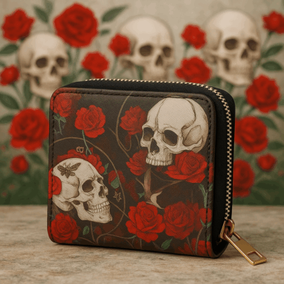 Carteira pequena com fecho Zip - Caveiras e Rosas