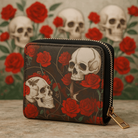 Carteira pequena com fecho Zip - Caveiras e Rosas