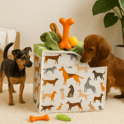 Saco de Arrumação - Barks Cães 48x54x28cm - Padrão Elegante, Ideal para Roupas, Brinquedos, Roupa de Capa, Edredon e Acessórios, Dobrável e Portátil, Fácil de Limpar, Organizador Versátil, Material Resistente, Design Compacto e Prático para qualquer espaço