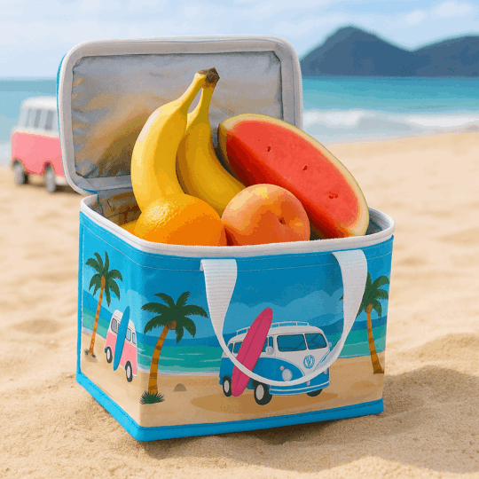 Lancheira Térmica Reutilizável com Garrafas Recicladas RPET - VW Camper Bus Waves - Design com Fecho de Correr e Alças, Material Sustentável RPET, Dimensões: 15x20x13 cm, Ideal para Manter Alimentos Quentes ou Frios, Dobrável e Fácil de Limpar, Ótima Prenda para Amantes de Volkswagen