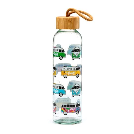 Garrafa de água de vidro 500ml com tampa de bambu VW Camper Bus Verão Surf
