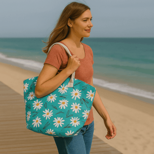 Saco de Praia de Juta | Margaridas Design Floral, Material Resistente e Ecológico, Dimensões 41x53x15cm, Ideal para Praia e Compras, Leve e Durável, Ótima Opção de Presente, Espaço Amplo de Armazenamento, Fácil de Limpar