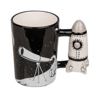 Caneca Astronauta com asa em formato Foguetão, 300 ml, Cerâmica Dolomítica, ca. 14 x 12 cm, Prenda Criativa para Fãs do Espaço