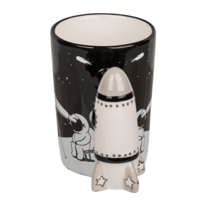 Caneca Astronauta com asa em formato Foguetão, 300 ml, Cerâmica Dolomítica, ca. 14 x 12 cm, Prenda Criativa para Fãs do Espaço