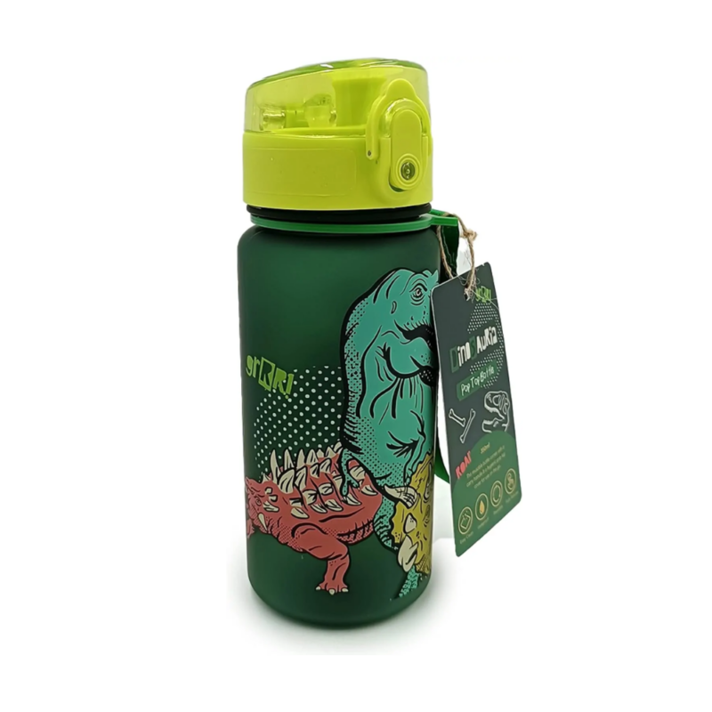 Garrafa Infantil Inquebrável Dinossauros 350 ml com Infusor, Reutilizável, tampa de Botão de Pressão, Indicado para crianças