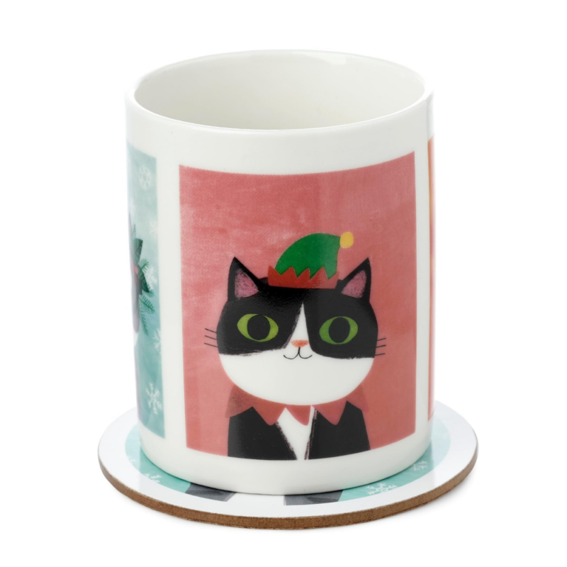 Conjunto de Caneca e Base “Planeta dos Gatos” 300 ml – Feito de Porcelana de Alta Qualidade, Apto para Micro-ondas e Máquina de Lavar Loiça, Inclui Porta-copos Correspondente, Perfeito para Presentes de Natal