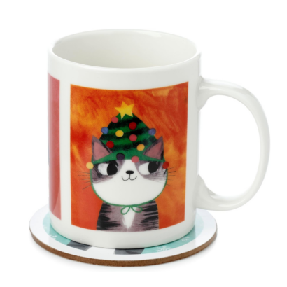 Conjunto de Caneca e Base “Planeta dos Gatos” 300 ml – Feito de Porcelana de Alta Qualidade, Apto para Micro-ondas e Máquina de Lavar Loiça, Inclui Porta-copos Correspondente, Perfeito para Presentes de Natal