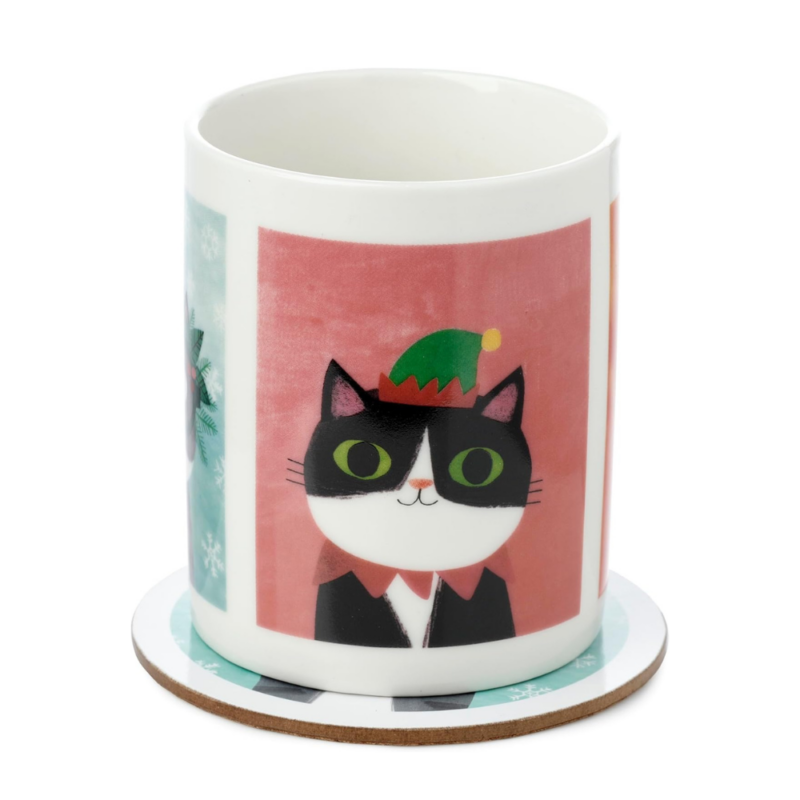 Conjunto de Caneca e Base “Planeta dos Gatos” 300 ml – Feito de Porcelana de Alta Qualidade, Apto para Micro-ondas e Máquina de Lavar Loiça, Inclui Porta-copos Correspondente, Perfeito para Presentes de Natal