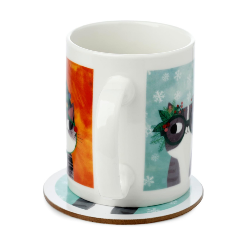 Conjunto de Caneca e Base “Planeta dos Gatos” 300 ml – Feito de Porcelana de Alta Qualidade, Apto para Micro-ondas e Máquina de Lavar Loiça, Inclui Porta-copos Correspondente, Perfeito para Presentes de Natal