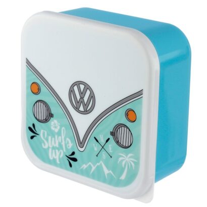 Conjunto de 3 Marmitas Volkswagen - Aventura de Surf - Design Divertido com Autocaravana VW, Tamanhos Grande (13.5x13.5x6 cm), Médio (11.5x11.5x5.5 cm), e Pequeno (10x10x4.5 cm), Plástico SEM BPA, Não Apto para Micro-ondas ou Máquina de Lavar Loiça, Ideal para Transportar Lanches e Snacks, Ótima Prenda para Amantes de Volkswagen