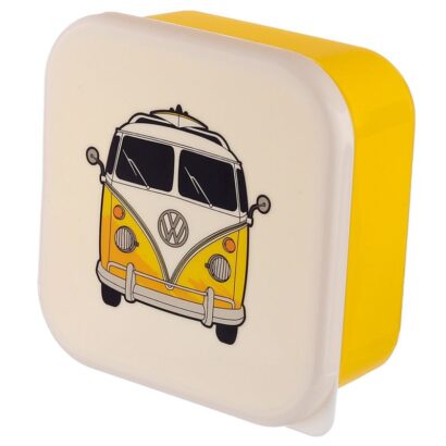 Conjunto de 3 Marmitas Volkswagen - Aventura de Surf - Design Divertido com Autocaravana VW, Tamanhos Grande (13.5x13.5x6 cm), Médio (11.5x11.5x5.5 cm), e Pequeno (10x10x4.5 cm), Plástico SEM BPA, Não Apto para Micro-ondas ou Máquina de Lavar Loiça, Ideal para Transportar Lanches e Snacks, Ótima Prenda para Amantes de Volkswagen