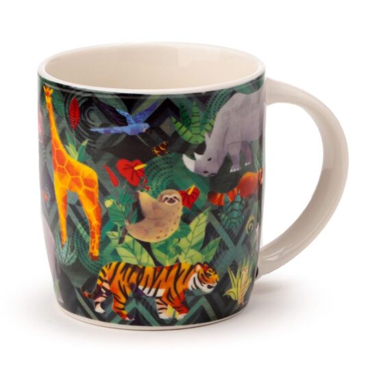 Caneca de Porcelana “Reino Animal” 300ml com Padrão de Animais da Selva – Design Colorido e Elegante, Feita de Porcelana de Alta Qualidade, Apta para Micro-ondas e Máquina de Lavar Loiça, Perfeita para Café e Chá, Ótima Prenda para Amantes da Natureza e Animais