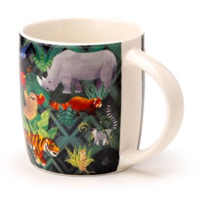 Caneca de Porcelana “Reino Animal” 300ml com Padrão de Animais da Selva – Design Colorido e Elegante, Feita de Porcelana de Alta Qualidade, Apta para Micro-ondas e Máquina de Lavar Loiça, Perfeita para Café e Chá, Ótima Prenda para Amantes da Natureza e Animais