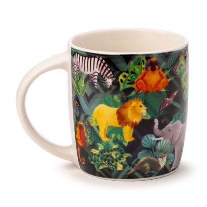 Caneca de Porcelana “Reino Animal” 300ml com Padrão de Animais da Selva – Design Colorido e Elegante, Feita de Porcelana de Alta Qualidade, Apta para Micro-ondas e Máquina de Lavar Loiça, Perfeita para Café e Chá, Ótima Prenda para Amantes da Natureza e Animais