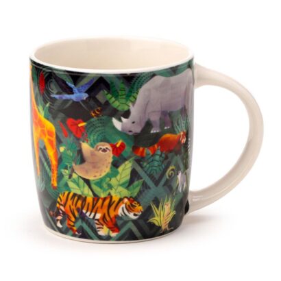 Caneca de Porcelana “Reino Animal” 300ml com Padrão de Animais da Selva – Design Colorido e Elegante, Feita de Porcelana de Alta Qualidade, Apta para Micro-ondas e Máquina de Lavar Loiça, Perfeita para Café e Chá, Ótima Prenda para Amantes da Natureza e Animais