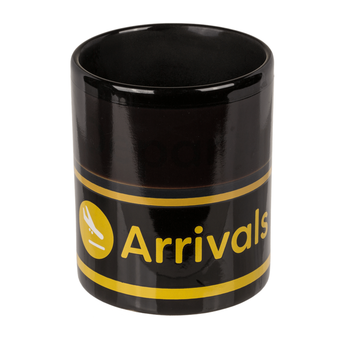 Caneca em Grés – Aeroporto Partidas e Chegadas – Efeito Térmico, Capacidade de 300 ml, Design Exclusivo, Dimensões Aproximadas: 9 × 8,5 cm, Ideal para Café ou Chá, Inclui Caixa de Oferta, Perfeita para Presentear Viajantes e Amantes da Aviação