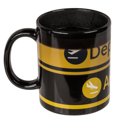 Caneca em Grés – Aeroporto Partidas e Chegadas – Efeito Térmico, Capacidade de 300 ml, Design Exclusivo, Dimensões Aproximadas: 9 × 8,5 cm, Ideal para Café ou Chá, Inclui Caixa de Oferta, Perfeita para Presentear Viajantes e Amantes da Aviação