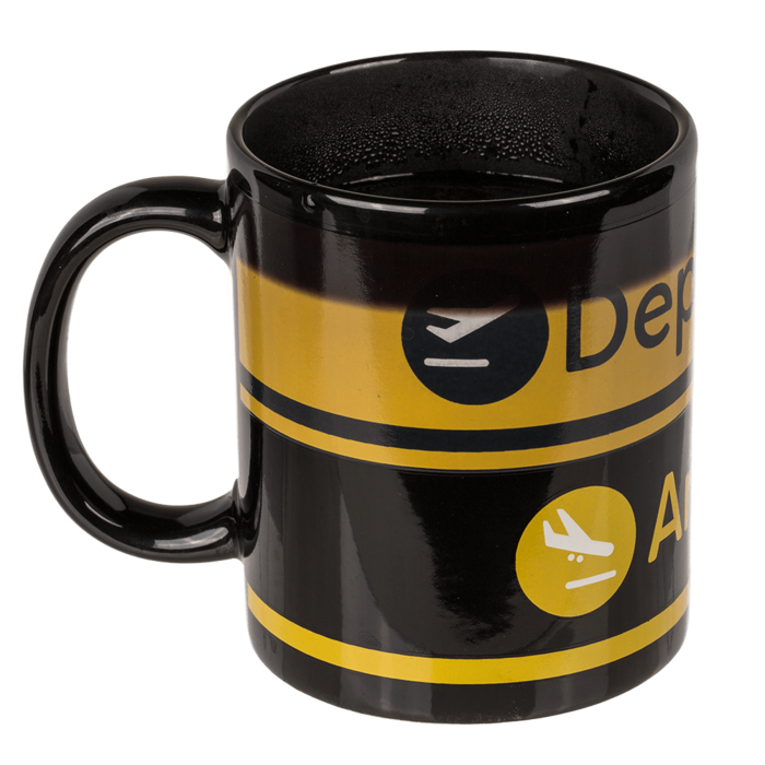 Caneca em Grés – Aeroporto Partidas e Chegadas – Efeito Térmico, Capacidade de 300 ml, Design Exclusivo, Dimensões Aproximadas: 9 × 8,5 cm, Ideal para Café ou Chá, Inclui Caixa de Oferta, Perfeita para Presentear Viajantes e Amantes da Aviação