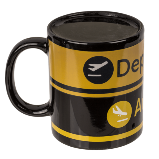 Caneca em Grés – Aeroporto Partidas e Chegadas – Efeito Térmico, Capacidade de 300 ml, Design Exclusivo, Dimensões Aproximadas: 9 × 8,5 cm, Ideal para Café ou Chá, Inclui Caixa de Oferta, Perfeita para Presentear Viajantes e Amantes da Aviação