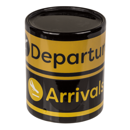 Caneca em Grés – Aeroporto Partidas e Chegadas – Efeito Térmico, Capacidade de 300 ml, Design Exclusivo, Dimensões Aproximadas: 9 × 8,5 cm, Ideal para Café ou Chá, Inclui Caixa de Oferta, Perfeita para Presentear Viajantes e Amantes da Aviação