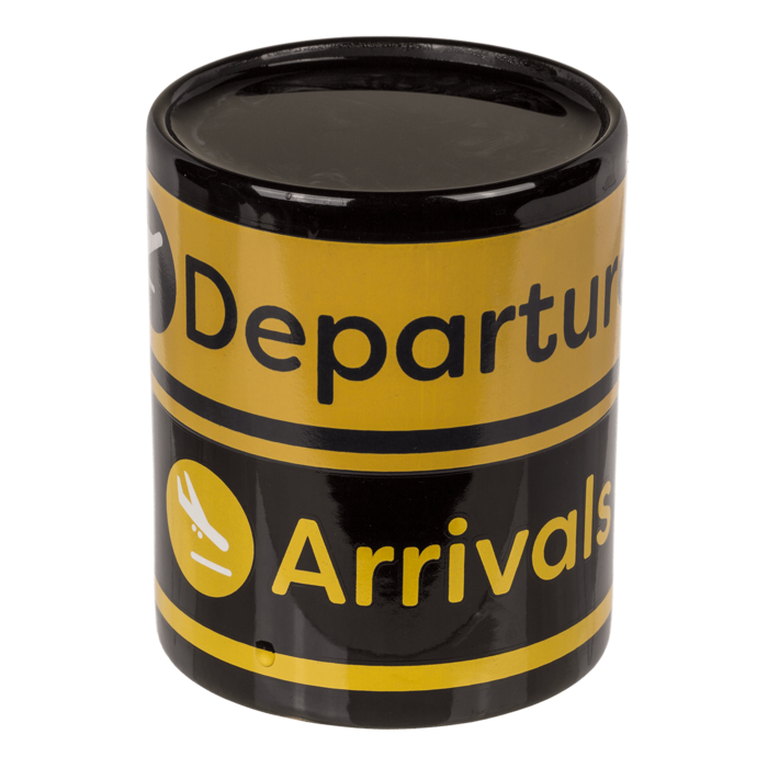 Caneca em Grés – Aeroporto Partidas e Chegadas – Efeito Térmico, Capacidade de 300 ml, Design Exclusivo, Dimensões Aproximadas: 9 × 8,5 cm, Ideal para Café ou Chá, Inclui Caixa de Oferta, Perfeita para Presentear Viajantes e Amantes da Aviação
