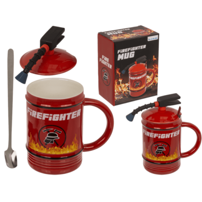 Caneca Bombeiro em Cerâmica – Com Tampa e Colher, Capacidade de 450 ml, Dimensões Aproximadas: 8 × 14 cm, Design Temático para Amantes dos Bombeiros, Ideal para Café ou Chá