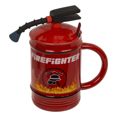 Caneca Bombeiro em Cerâmica – Com Tampa e Colher, Capacidade de 450 ml, Dimensões Aproximadas: 8 × 14 cm, Design Temático para Amantes dos Bombeiros, Ideal para Café ou Chá