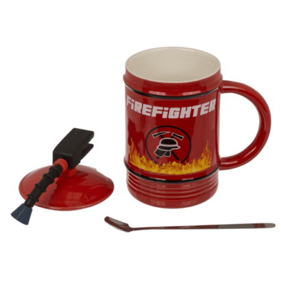 Caneca Bombeiro em Cerâmica – Com Tampa e Colher, Capacidade de 450 ml, Dimensões Aproximadas: 8 × 14 cm, Design Temático para Amantes dos Bombeiros, Ideal para Café ou Chá