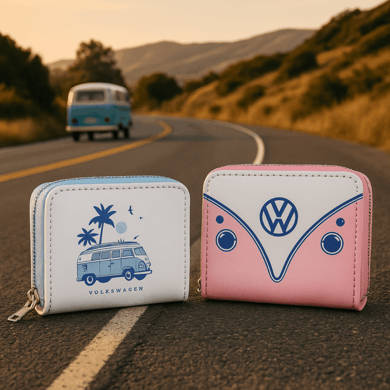 Carteira com Fecho – Volkswagen VW T1 Camper Bus Explore More – Design Oficial VW, Material Durável em PVC e Poliéster Oxford, Dimensões: 8,5 × 11 × 2,5 cm, Compacta e Prática, Ideal para Viagem e Uso Diário