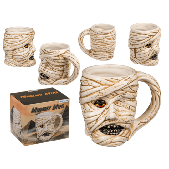 Caneca Múmia em Grés – Design Criativo e Temático, Dimensões Aproximadas: 14,5 × 11,5 cm, Ideal para Café ou Chá, Material Resistente em Grés, Perfeita para Halloween ou Fãs de Decoração Assustadora