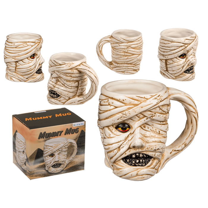 Caneca Múmia em Grés – Design Criativo e Temático, Dimensões Aproximadas: 14,5 × 11,5 cm, Ideal para Café ou Chá, Material Resistente em Grés, Perfeita para Halloween ou Fãs de Decoração Assustadora