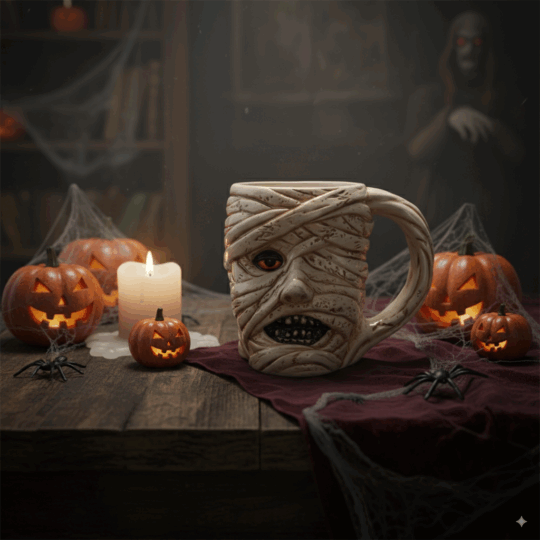 Caneca Múmia em Grés – Design Criativo e Temático, Dimensões Aproximadas: 14,5 × 11,5 cm, Ideal para Café ou Chá, Material Resistente em Grés, Perfeita para Halloween ou Fãs de Decoração Assustadora