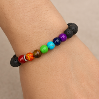 Pulseira de Contas Chakra – Pedras Preciosas e Pedra de Lava – Energia e Equilíbrio, Ajustável com Fio de Elastano, Material Durável em Liga de Zinco, Design Único para Bem-Estar e Espiritualidade
