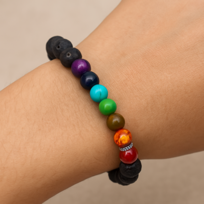 Pulseira de Contas Chakra – Pedras Preciosas e Pedra de Lava – Energia e Equilíbrio, Ajustável com Fio de Elastano, Material Durável em Liga de Zinco, Design Único para Bem-Estar e Espiritualidade